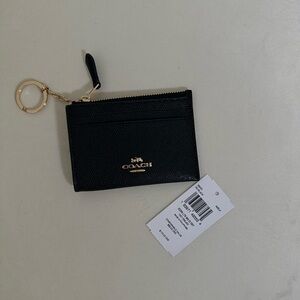 Coach Black Leather Zip Card Case Wallet with Gold Key Ring